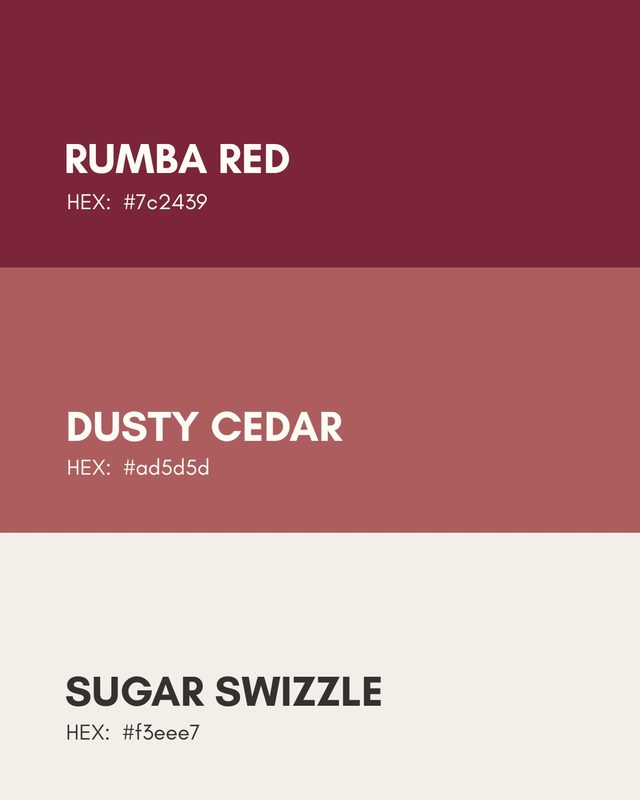 Palette card: Rumba Red, Dusty Cedar, Sugar Swizzle