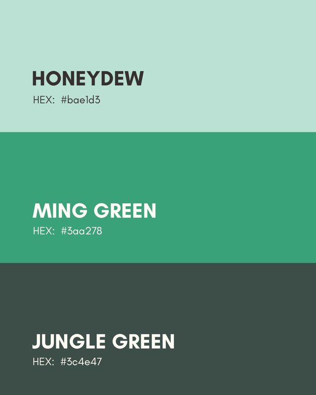 Palette card: Honeydew, Ming Green, Jungle Green